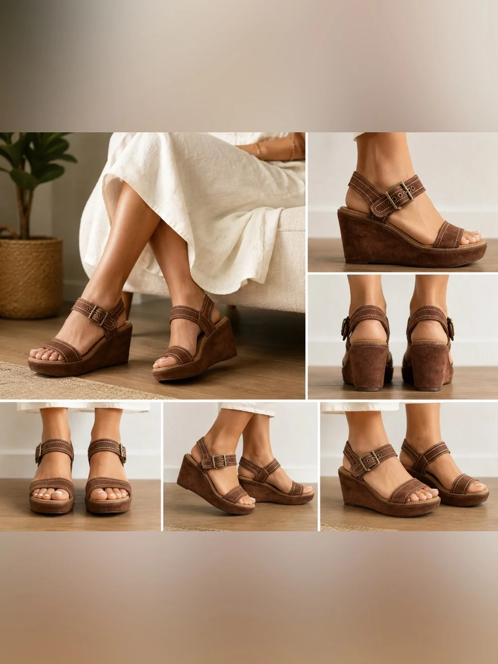 Clarks Brown Suede Ankle-Strap Wedge Sandals 11M